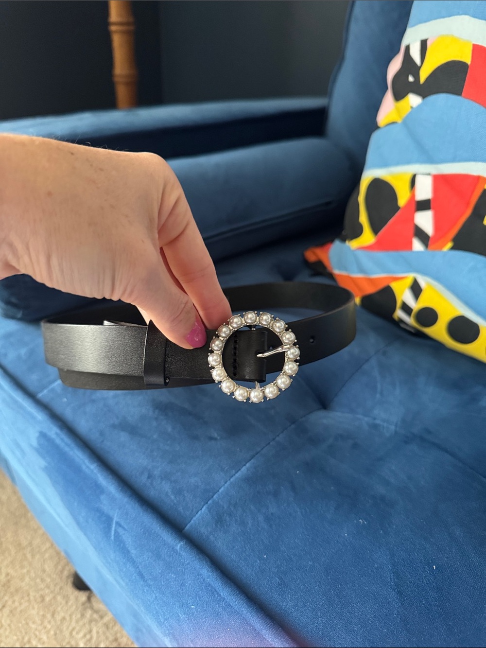 J. Crew Black Leather Belt with Pearl-Trim Round Buckle - Picture 5 of 5